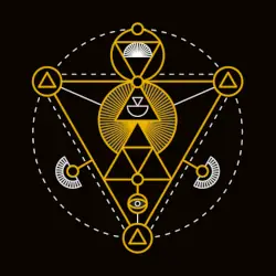 On a black background, a symbol made of circles and triangles in various sizes its inside a white dotted circle around its outer edge.