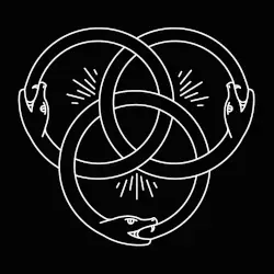 Three snakes each form a perfect circle on their own as they eat their own tails and are intertwined together in the middle.