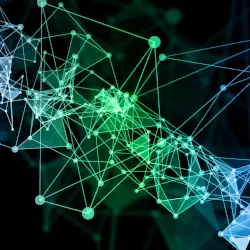 On a black background, a network of lines and dots in purple, green, and blue connect in a flow from the upper left to the bottom right.