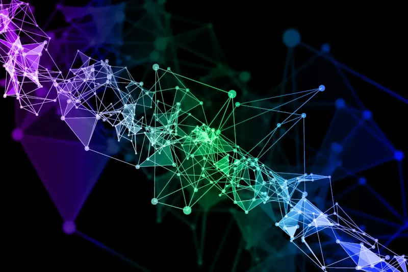 On a black background, a network of lines and dots in purple, green, and blue connect in a flow from the upper left to the bottom right.