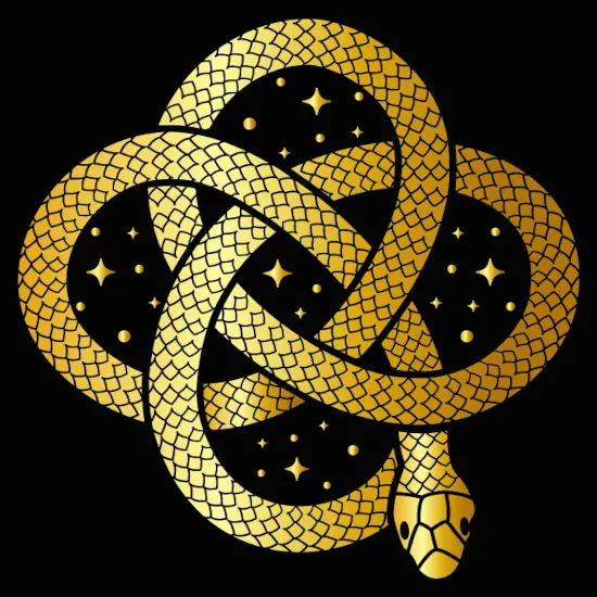 A golden snake winds through itself several times and stars show through in the gaps between its body.