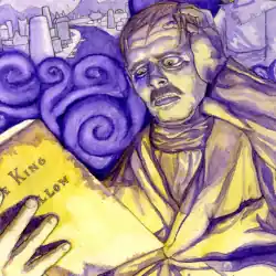 A middle-aged man with thinning hair stands in a robe, eyes wide with horror, starting at The King in Yellow play which is open in one hand while the other clutches the side of his head.