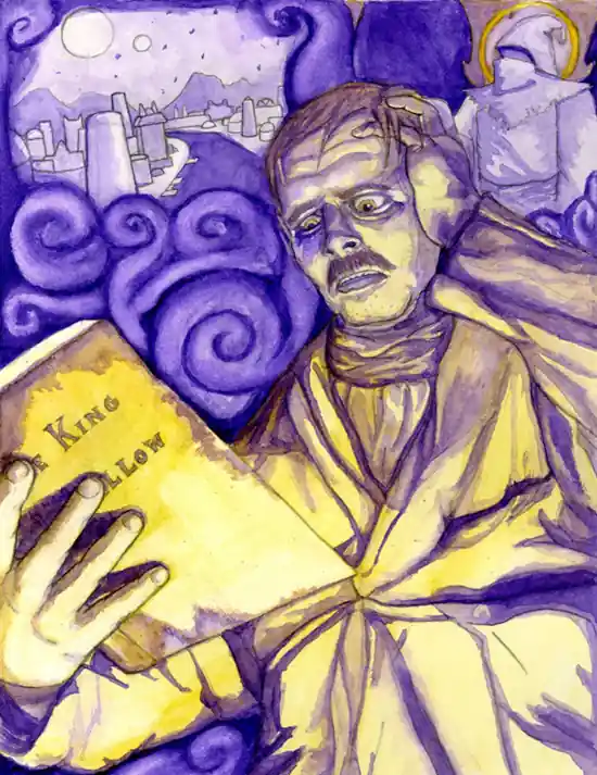 A middle-aged man with thinning hair stands in a robe, eyes wide with horror, starting at The King in Yellow play which is open in one hand while the other clutches the side of his head.