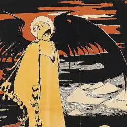 A figure robed entirely in yellow with a hood that hides its face stands with black wings extended behind it before a black watery background.