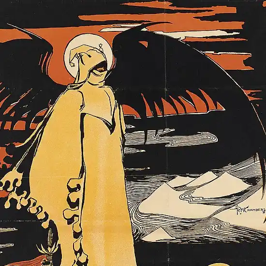 A figure robed entirely in yellow with a hood that hides its face stands with black wings extended behind it before a black watery background.