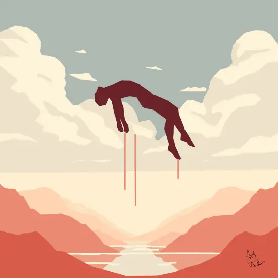 A dark masculine figure floats in the air with his back arched. Below him, a sunset over mountains; above, a blue sky with white clouds.