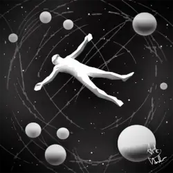 A white masculine figure his arms out at his sides is suspended midair. Behind him is the black backdrop of space with stars; arrayed around him are gray planet-like balls of different sizes.