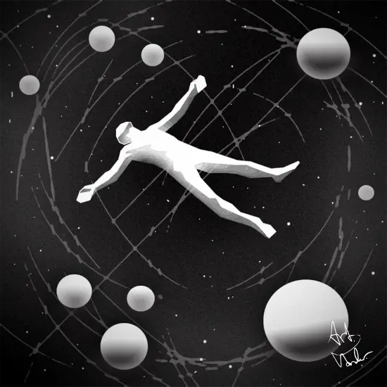 A white masculine figure his arms out at his sides is suspended midair. Behind him is the black backdrop of space with stars; arrayed around him are gray planet-like balls of different sizes.