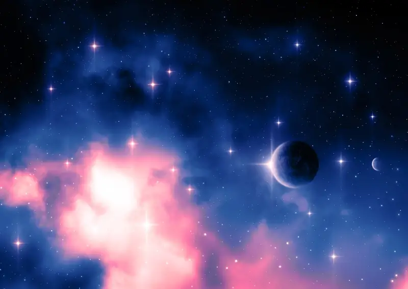 A scene of outer space washed in dark blue on the top half and pink galactic clouds in the bottom half. It's sprinkled with pink and blue stars and features a larger planet closer to the viewer and another planet further away.