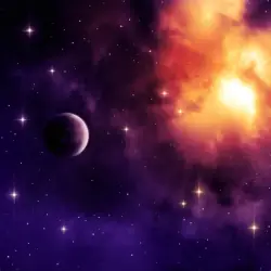 On a deep blue background of outer space, a gas cloud of fiery yellow and orange bursts from the upper right, the fringes of the cloud appearing pink then purple. Planets sit to the left, with a dozen defined stars shining brighter than the rest.