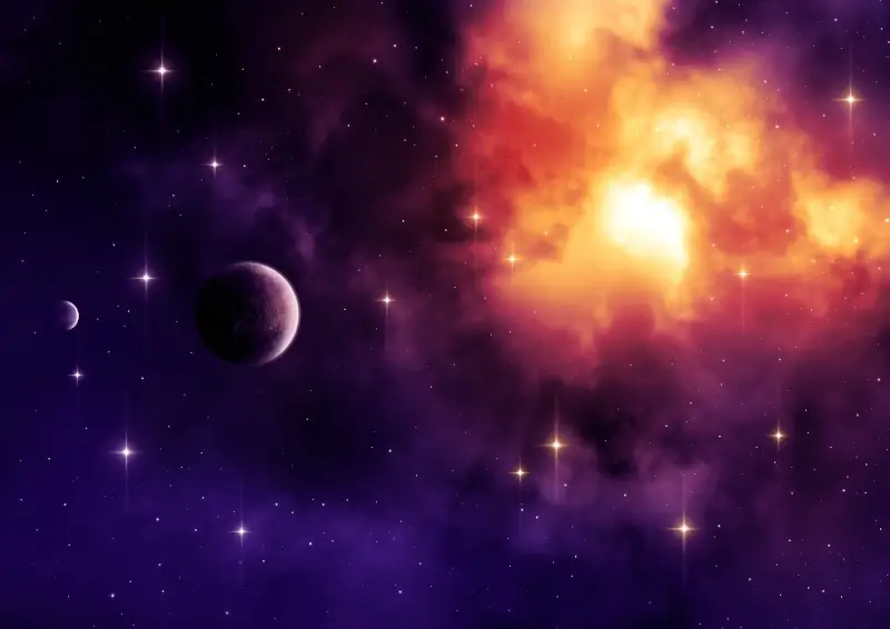 On a deep blue background of outer space, a gas cloud of fiery yellow and orange bursts from the upper right, the fringes of the cloud appearing pink then purple. Planets sit to the left, with a dozen defined stars shining brighter than the rest.