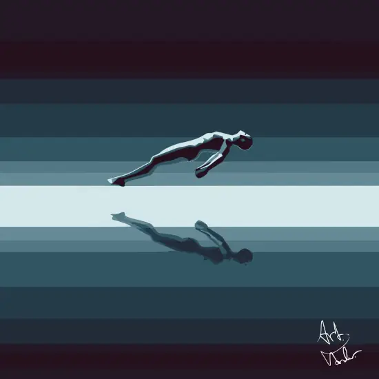 A masuline figure floating face-up in the air center-frame with its arms hanging limp. Around the figure are bands of varying shades of blue.