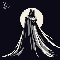 A single figure stands in the center, completely covered in a gray cloak with a cowl. Their face is entirely in darkness as a moon rises behind them.
