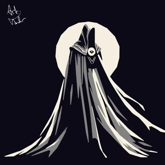 A single figure stands in the center, completely covered in a gray cloak with a cowl. Their face is entirely in darkness as a moon rises behind them.