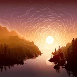 A fiery sun is rising in the valley between two forested mountains thrown into shadowy relief. The sun is reflected in a still lake which grows more magenta and purple the further from the sunrise it get, just like the sky.