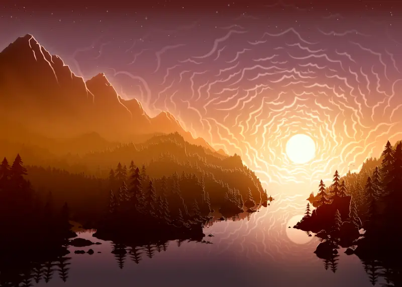 A fiery sun is rising in the valley between two forested mountains thrown into shadowy relief. The sun is reflected in a still lake which grows more magenta and purple the further from the sunrise it get, just like the sky.