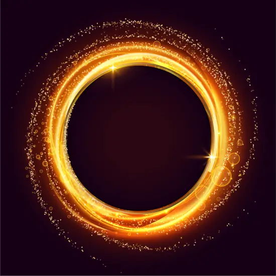 A glowing golden circle has arms of gold swirling off of it as it sits in a dark void.