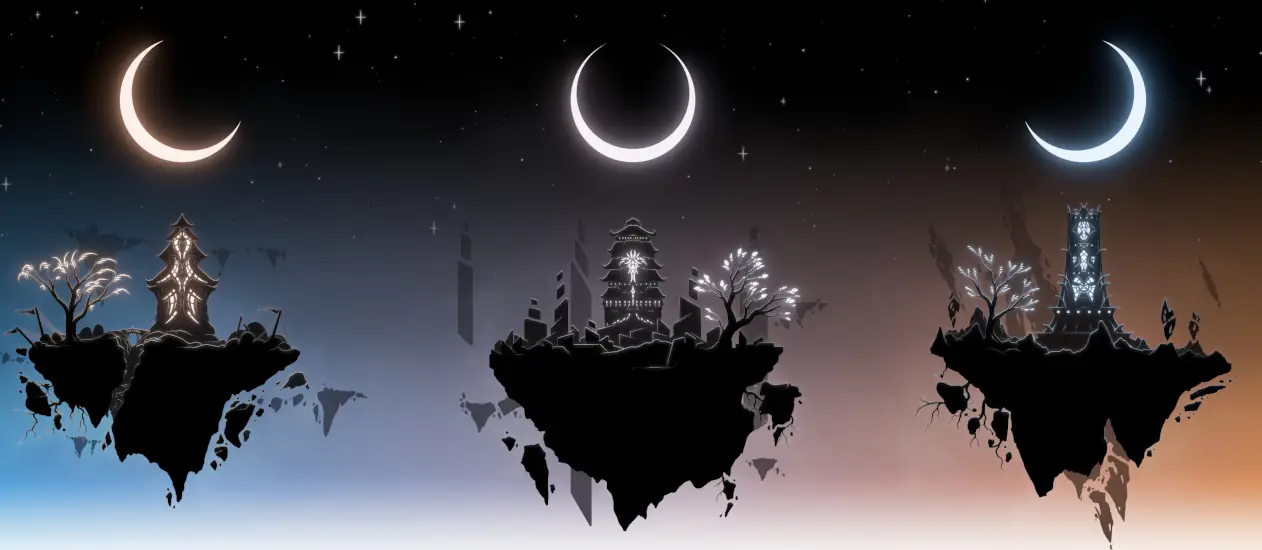 Five floating islands are arrayed in a line. Each has a unique temple-like building atop it and a different moon phase floating above it.
