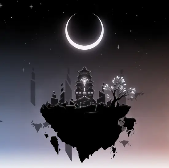Two floating islands are arrayed in a line. Each has a unique temple-like building atop it and a different moon phase floating above it.