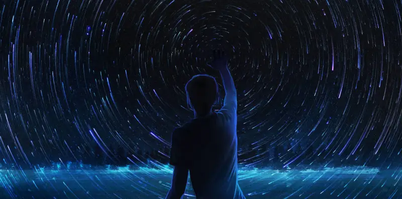 A young person with short dark hair wearing a simple t-shirt has their back to the viewer. They reach out with one hand just above their head level and touch the center of a swirl of stars flowing in circles before them. A dark forest beneath a deep blue night-time sky dominates behind the swirl.