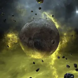 A white masculine figure his arms out at his sides is suspended midair. Behind him is the black backdrop of space with stars; arrayed around him are gray planet-like balls of different sizes.