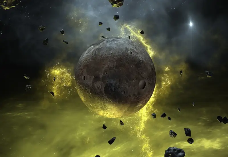 A gray, pock-marked planet or moon with chunks floating away from it is hit by a yellow stream of energy from below.
