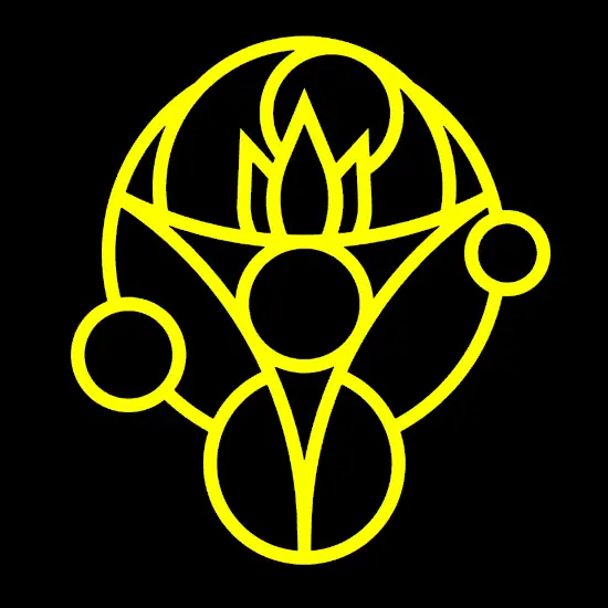 A yellow unique symbol contains a series of connected circles in different sizes with a sharp triangle in the middle.